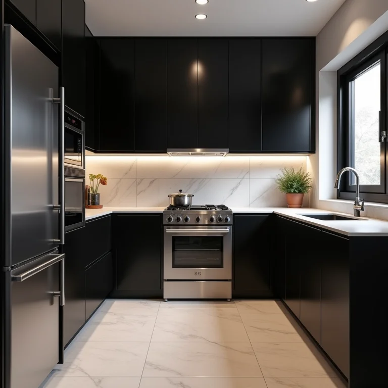 Cozinha pequena com armários pretos e eletrodomésticos em aço inoxidável.