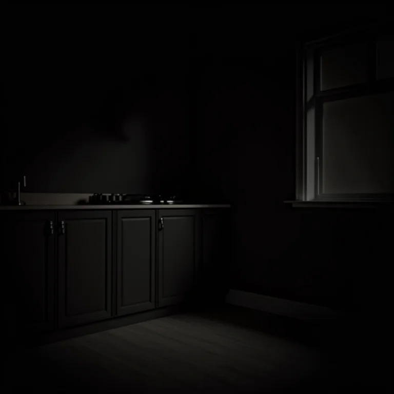 Cozinha pequena com armários pretos e iluminação inadequada, criando sombras e um ambiente sombrio.