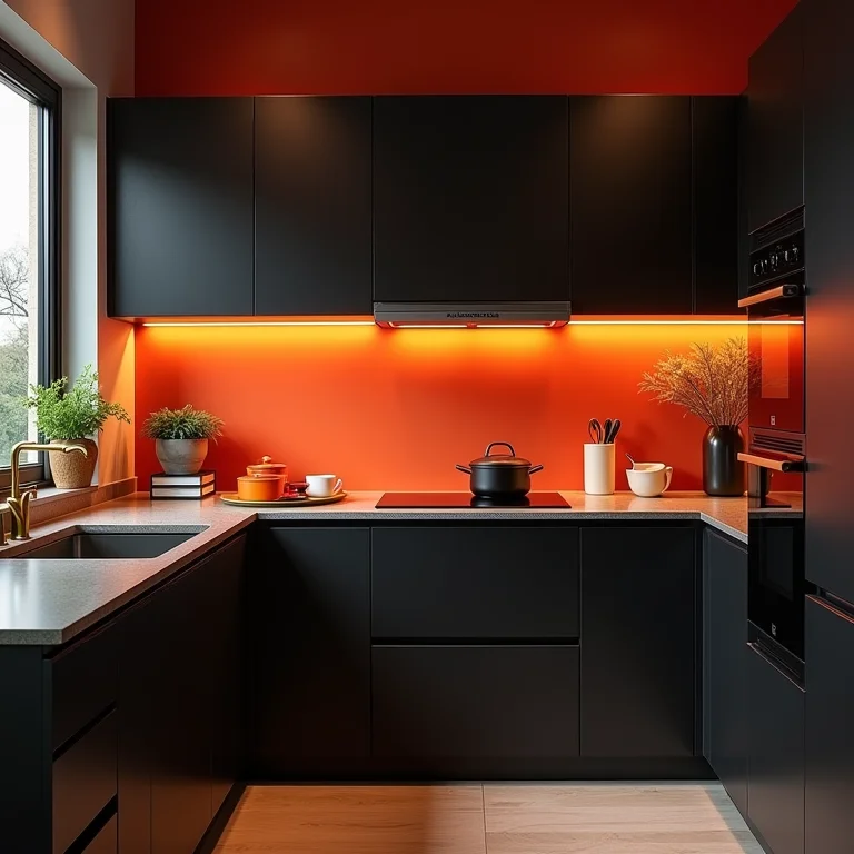 Cozinha pequena com armários pretos e toques de cor vibrantes.