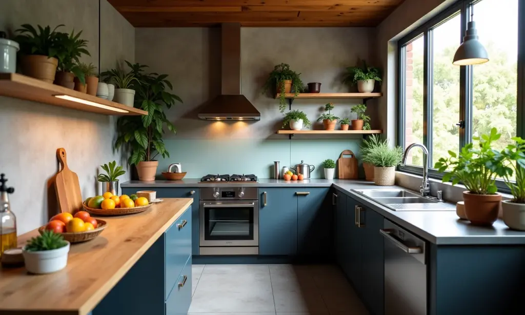 Cozinha Pequena com Bancada de Inox: O Industrial Cozinha pequena com bancada de inox em estilo industrial, iluminada e vibrante.