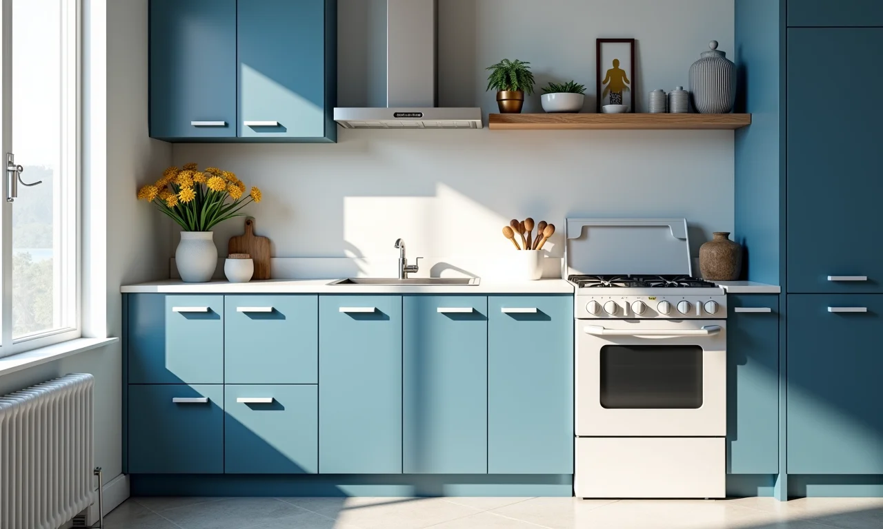 Cozinha pequena com cores azul e branco.