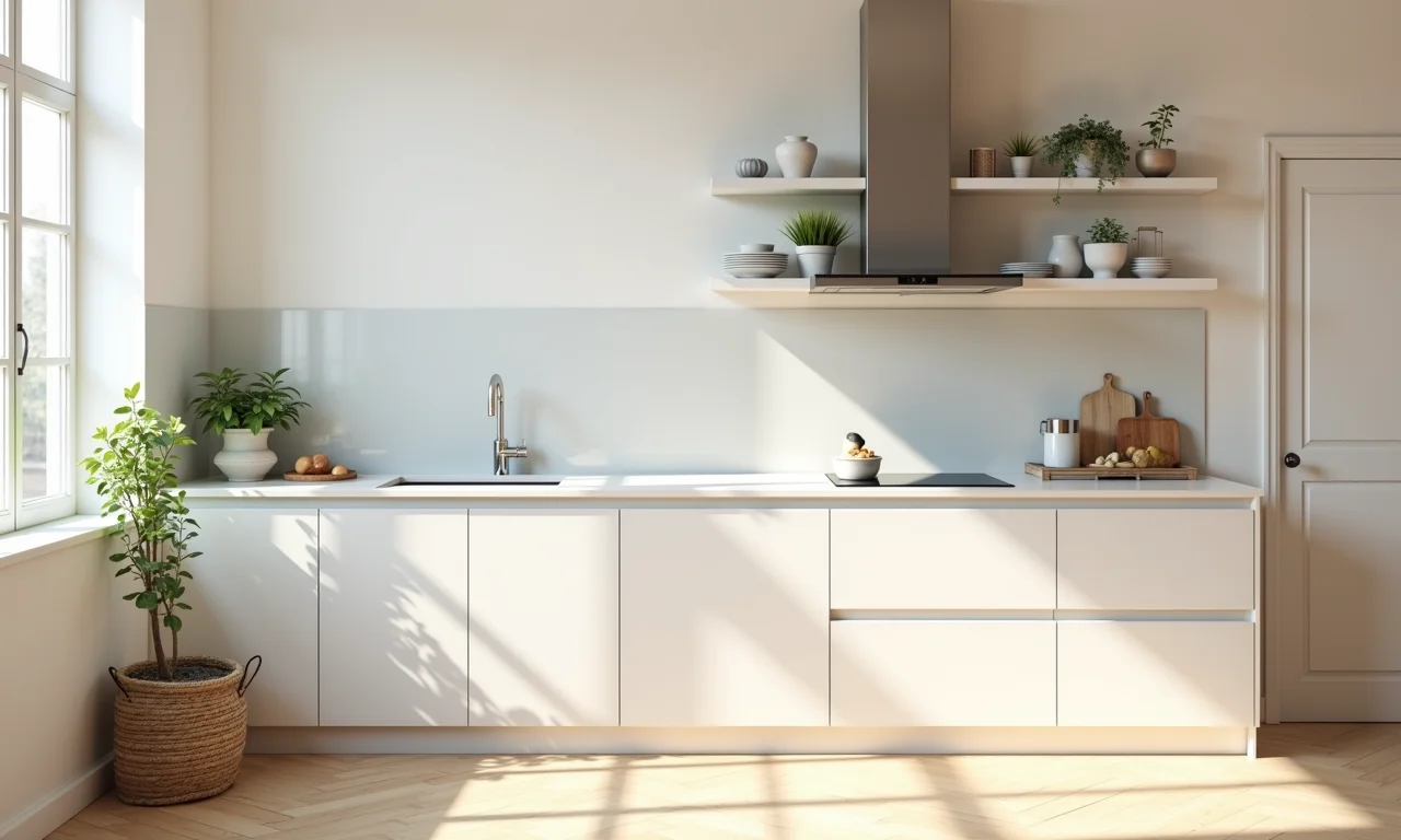 Cozinha pequena com cores claras e iluminação estratégica.