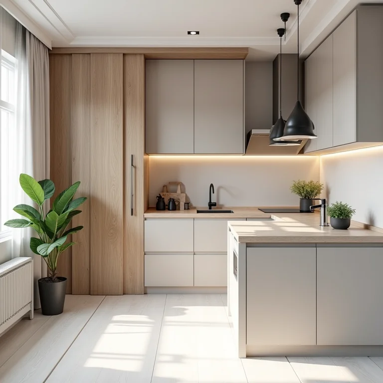 Cozinha pequena com porta de correr.