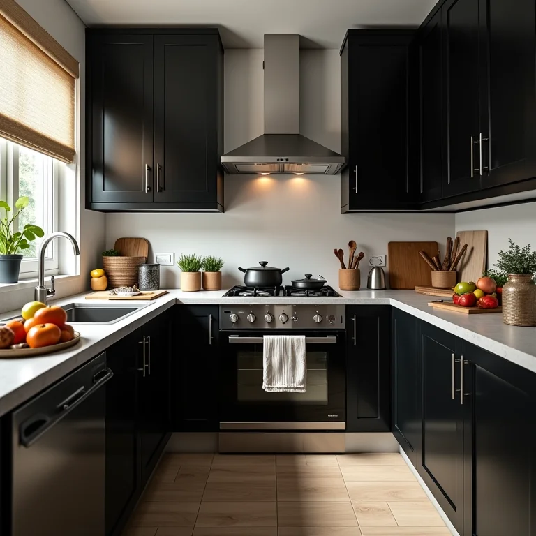 Cozinha pequena desorganizada com armários pretos e falta de planejamento