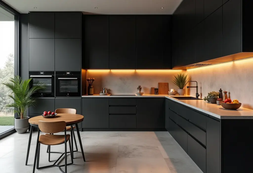 Cozinha pequena e moderna com armários pretos, iluminação natural e design minimalista.