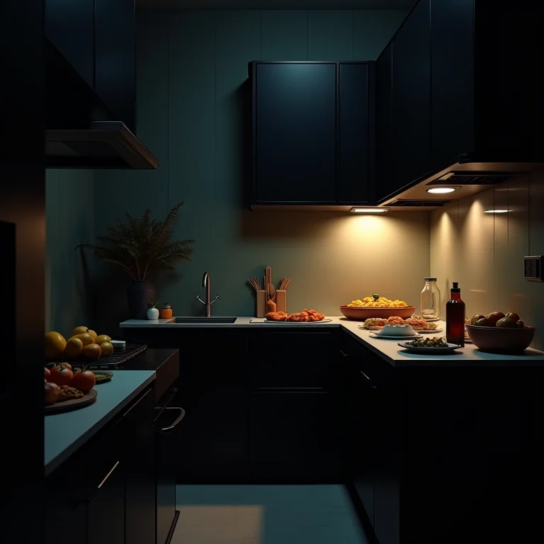 Cozinha pequena escura com excesso de armários pretos