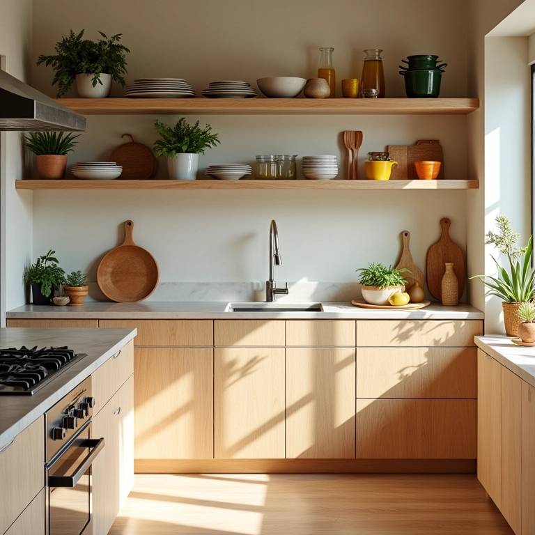 Cozinha pequena minimalista com utensílios essenciais e iluminação natural.