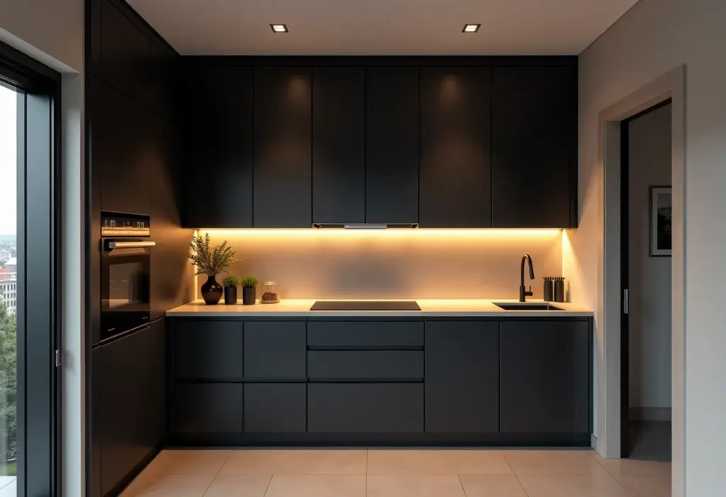 Cozinha pequena moderna com armários pretos e bancada clara, estilo minimalista.