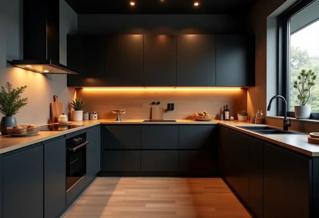 Cozinha pequena com armário preto: 7 erros que você deve evitar Cozinha pequena moderna com armários pretos e iluminação aconchegante