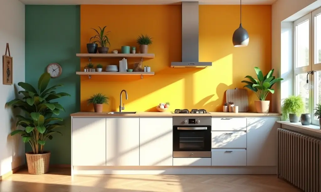 Reforma Cozinha Pequena Gastando Pouco: 7 Truques Cozinha pequena reformada com cores vibrantes e decoração minimalista.