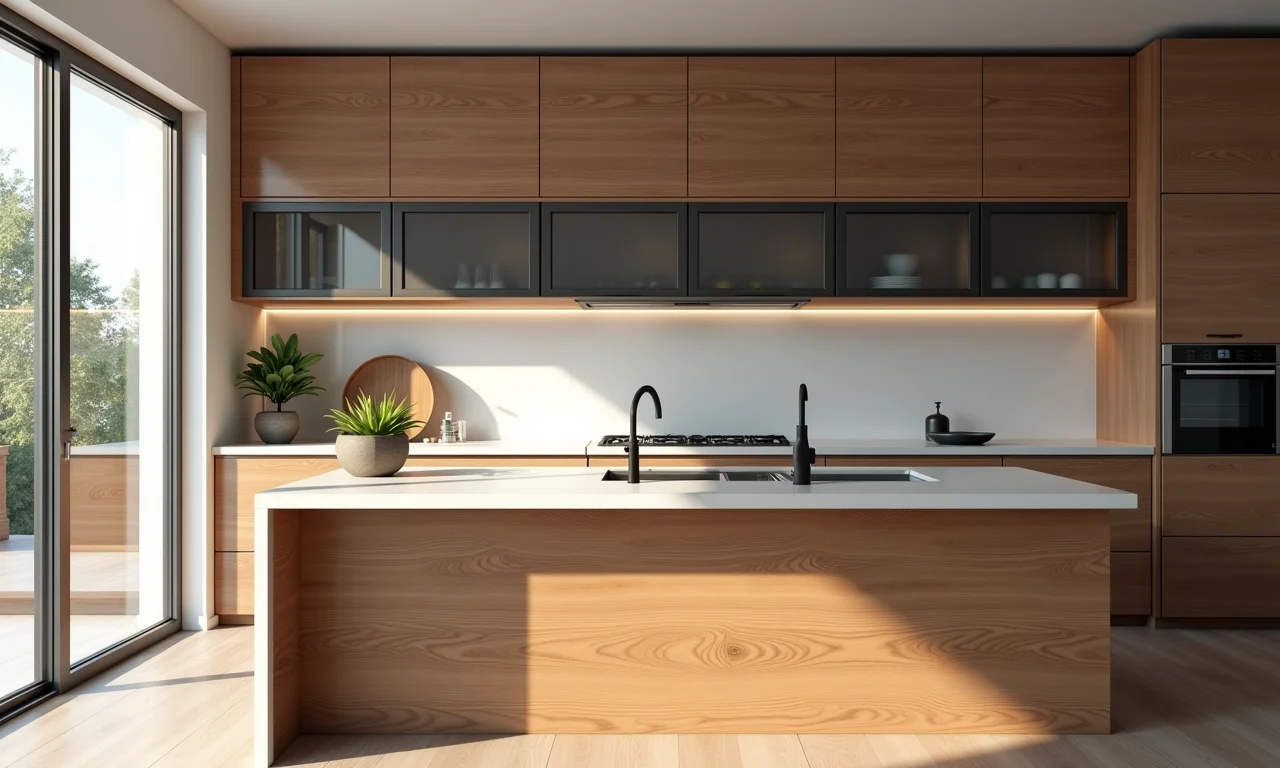 Cozinha planejada com armários de madeira e vidro, design personalizado.