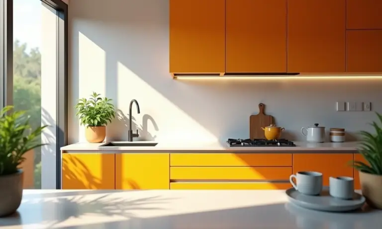 Cozinha planejada com design brasileiro vibrante e iluminação natural.