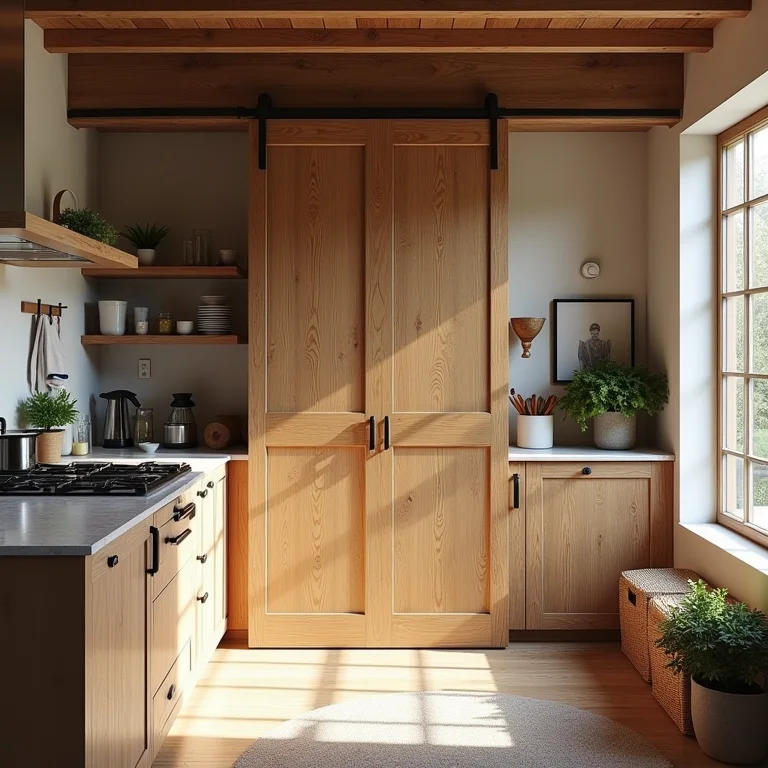 Cozinha planejada com porta de correr de madeira.
