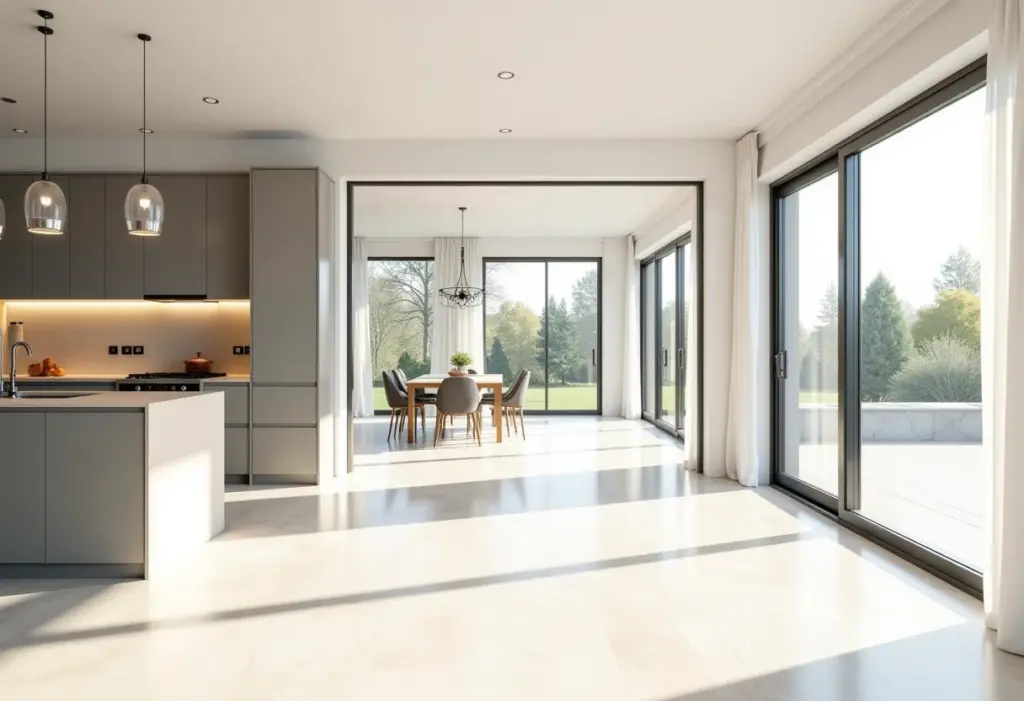 Cozinha planejada com porta de correr em conceito aberto.