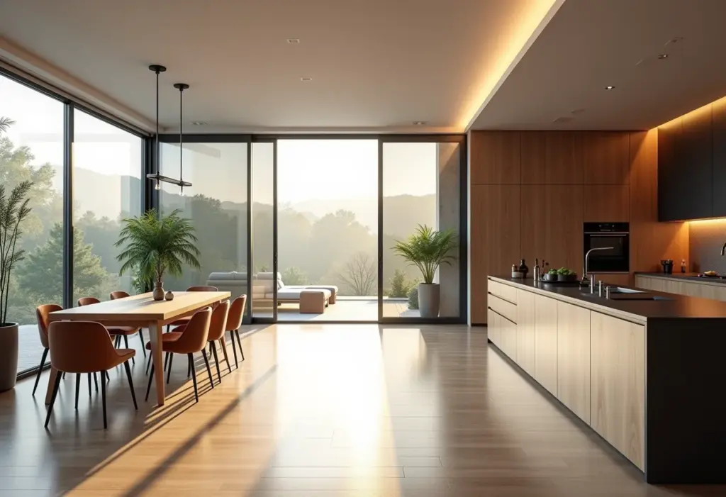 Cozinha planejada moderna com porta de correr, design minimalista.