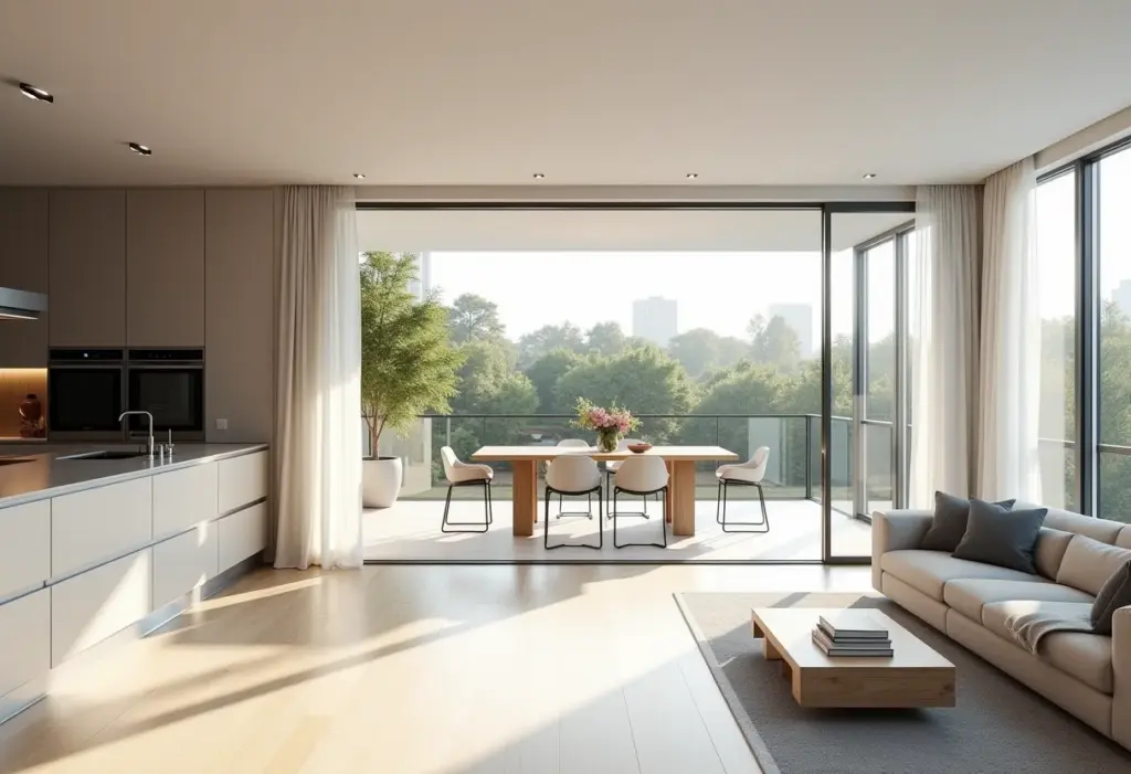 Cozinha planejada moderna com porta de correr integrando ambientes