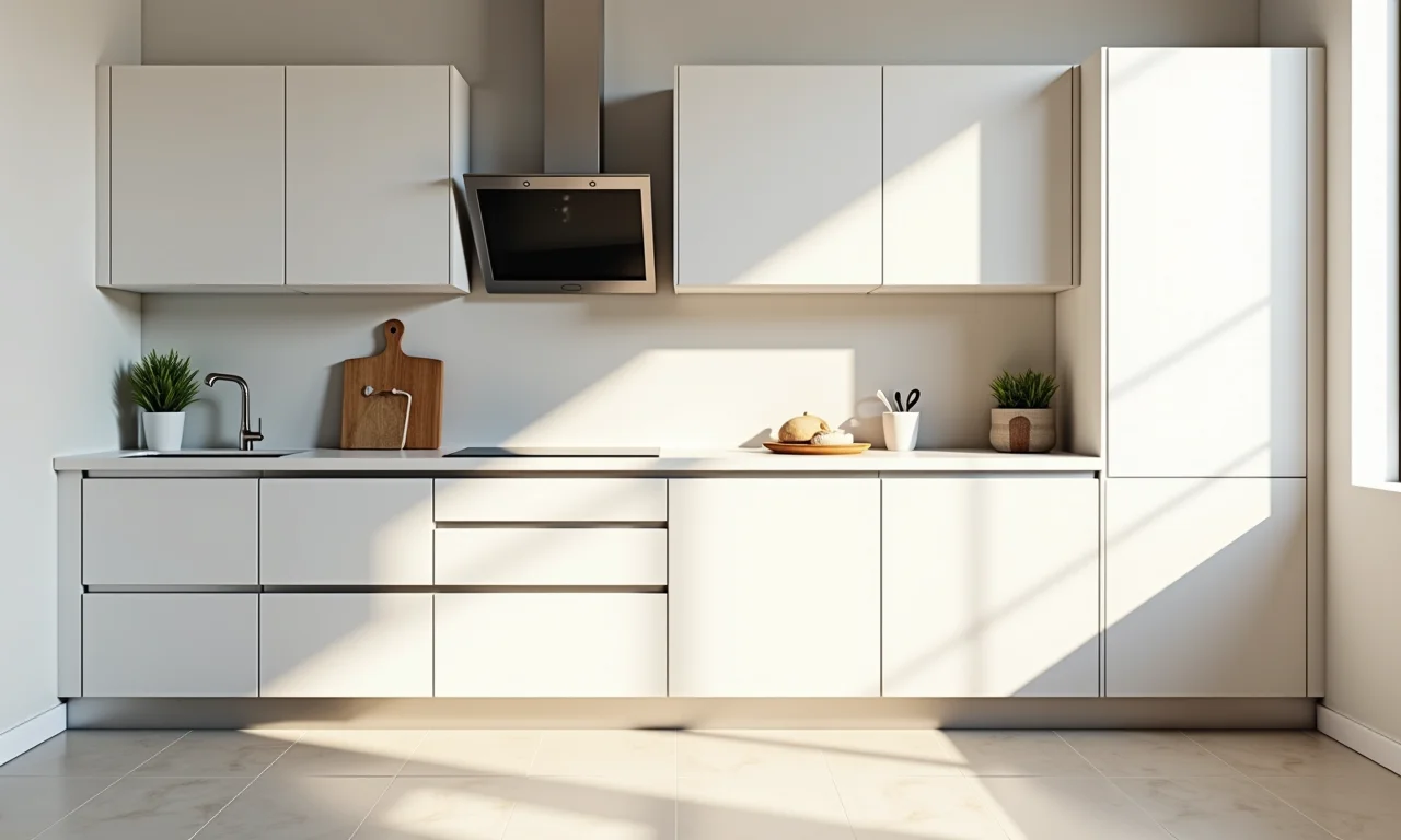 Cozinha planejada pequena com cores claras.