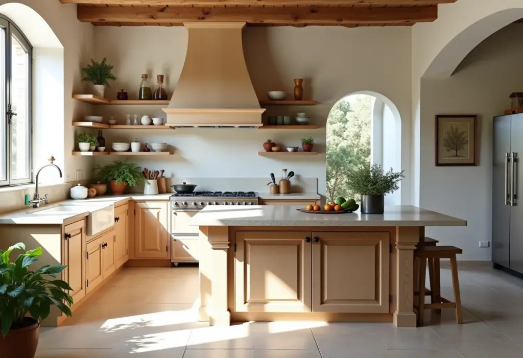 Cozinha Provençal: 5 segredos de décor que vão te inspirar Cozinha provençal com armários de madeira e ilha rústica