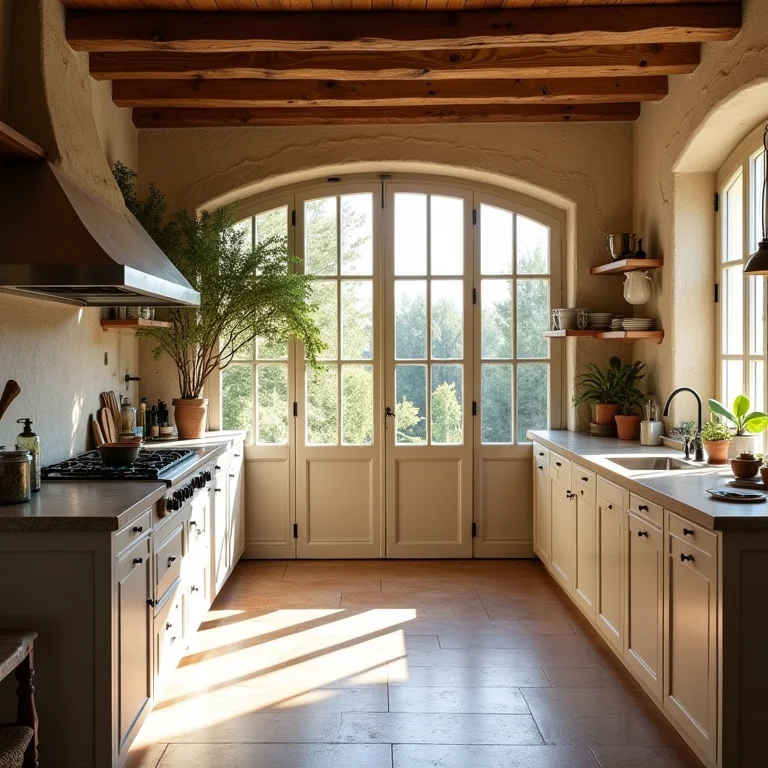 Cozinha provençal com luz natural abundante