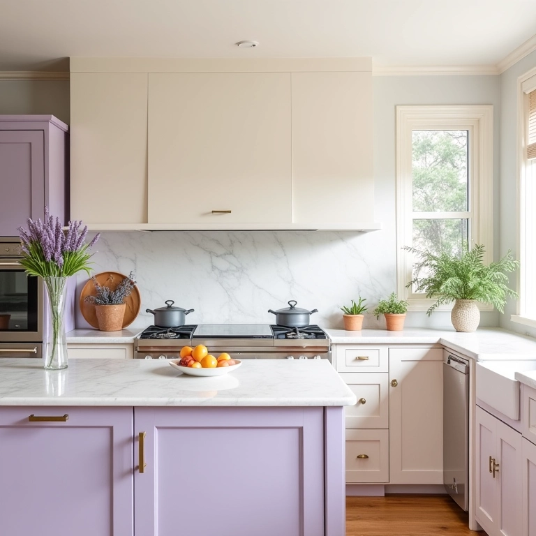 Cozinha provençal com paleta de cores suaves e detalhes em madeira clara.