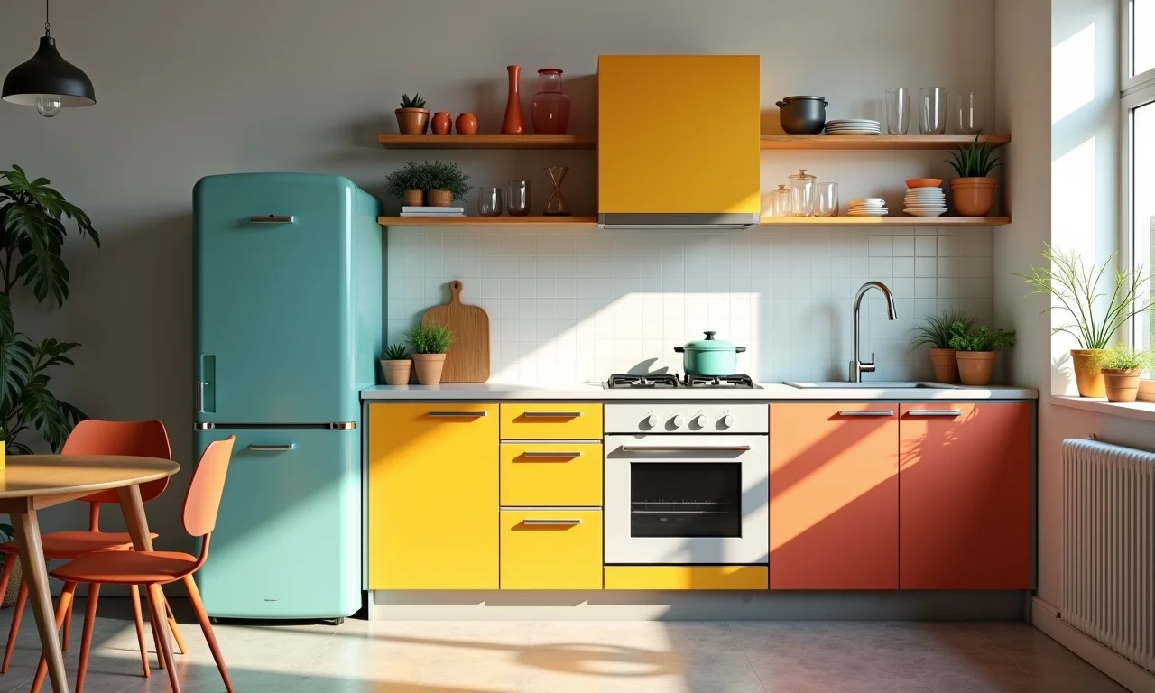 Cozinha retrô com eletrodomésticos coloridos e decoração moderna.