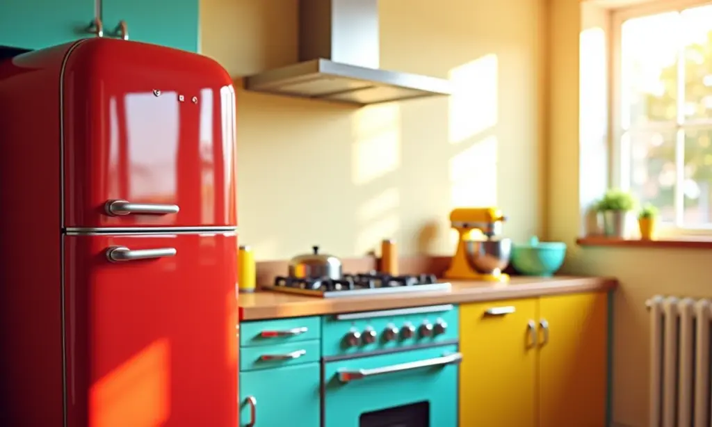 Cozinha retrô: O charme dos eletros coloridos Cozinha retrô vibrante com eletrodomésticos coloridos.