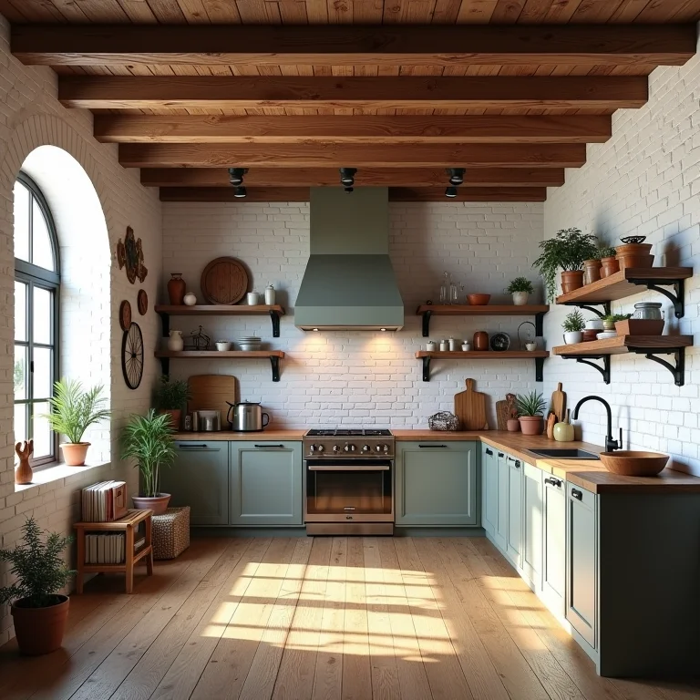 Cozinha rústica com parede de tijolinho branco