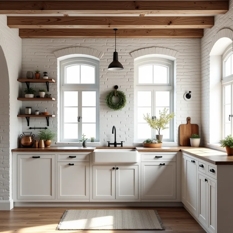 Cozinha rústica com paredes de tijolinho branco e detalhes em madeira