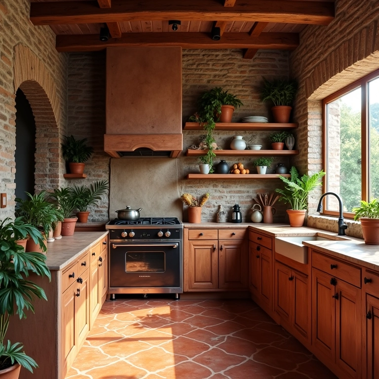 Cozinha rústica com tons terrosos e tijolinho à vista.
