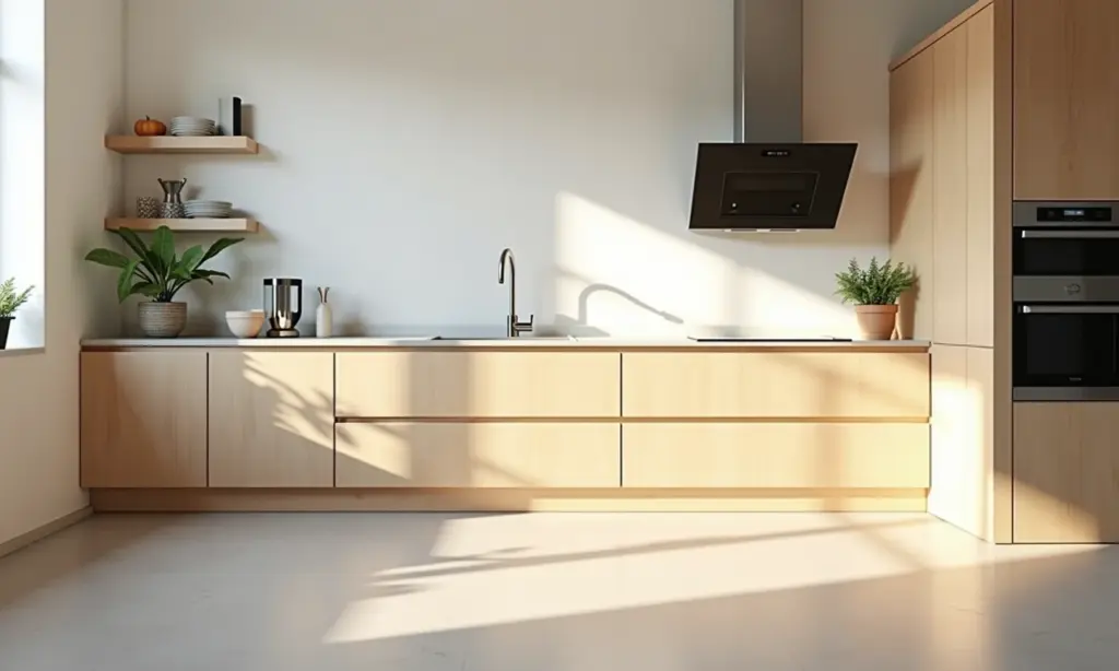 Cozinha simples e funcional com iluminação natural.