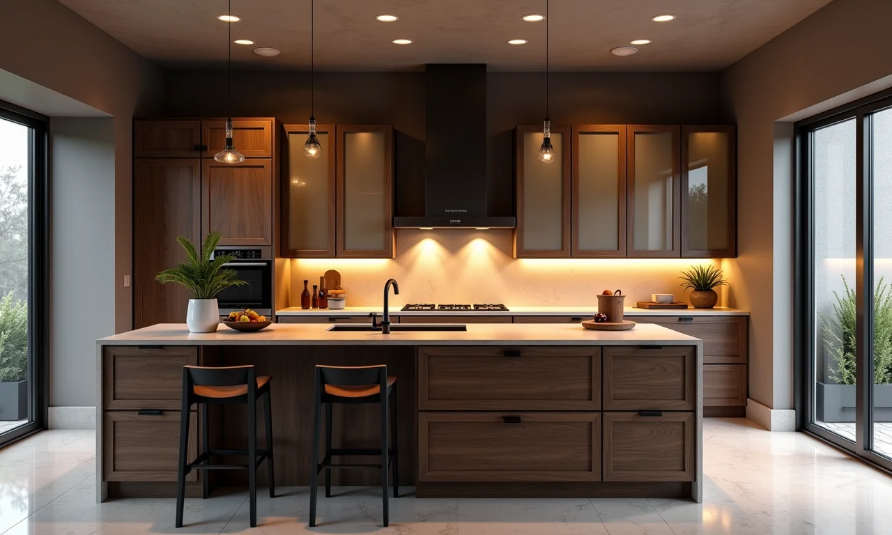 Cozinha sofisticada com madeira escura e armários de vidro fosco.