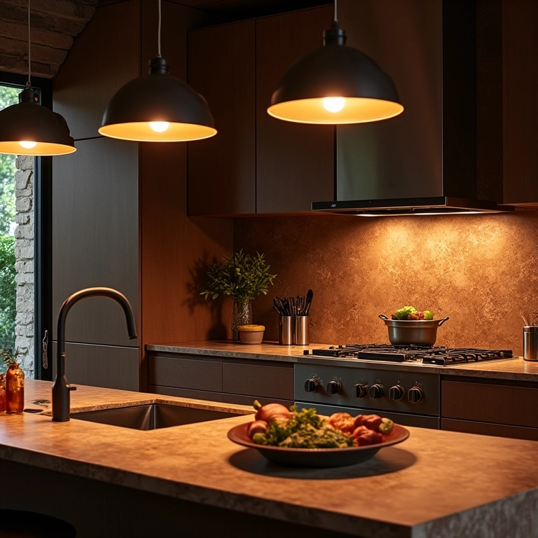 Cozinha terrosa com iluminação quente e aconchegante.