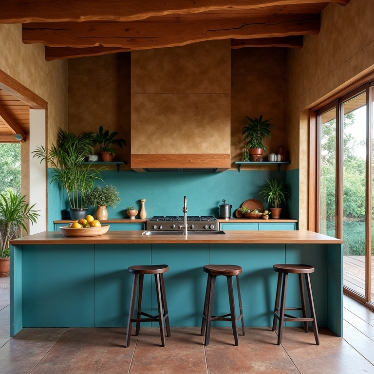 Cozinha terrosa combinada com azul e verde.