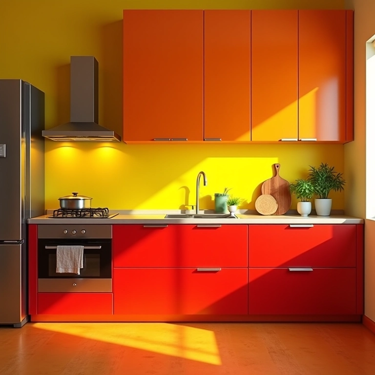Cozinha vibrante com cores análogas em tons de amarelo, laranja e vermelho.