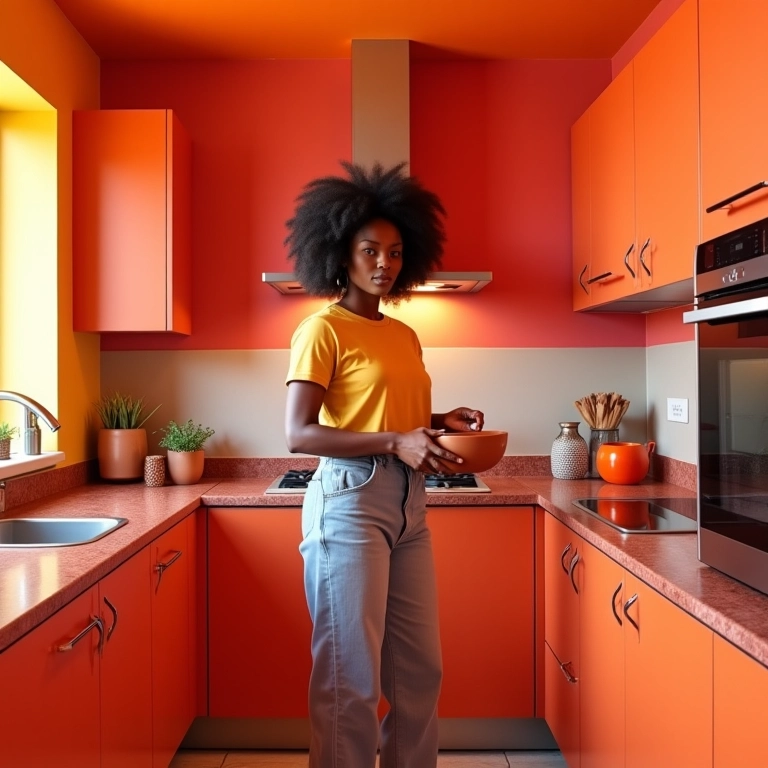 Cozinha vibrante com cores análogas, mulher negra cozinhando.