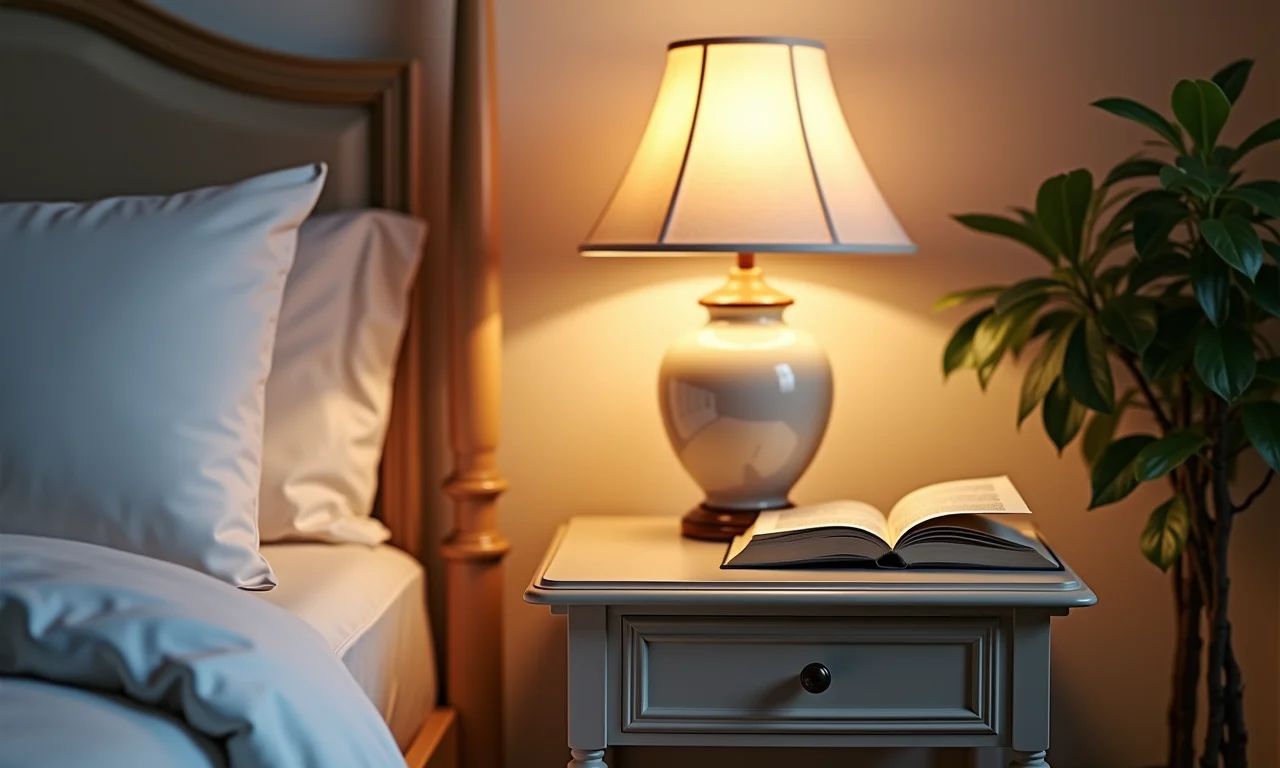 Criado-mudo provençal com abajur e livro.