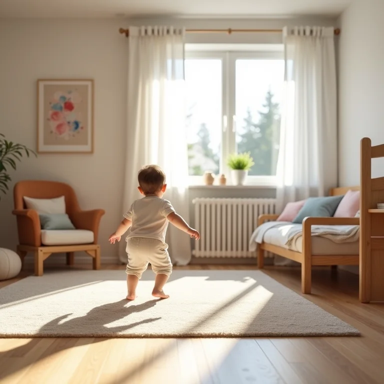 Criança escorregando em um tapete em um quarto infantil.