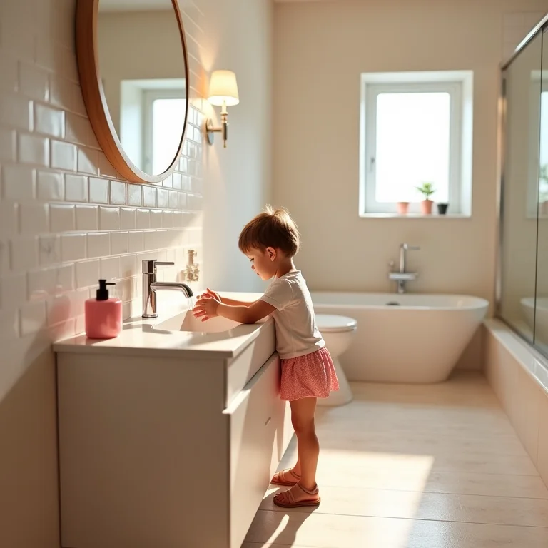 Criança lavando as mãos em pia de altura adequada para banheiro infantil.