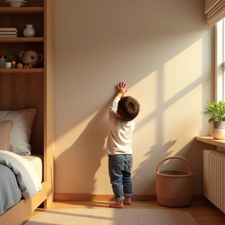 Criança tentando alcançar um brinquedo em uma prateleira alta.