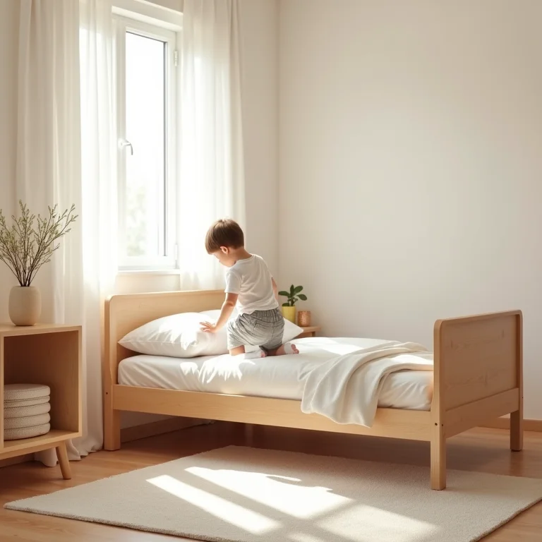 Criança tentando alcançar uma cama muito alta em um quarto montessoriano.