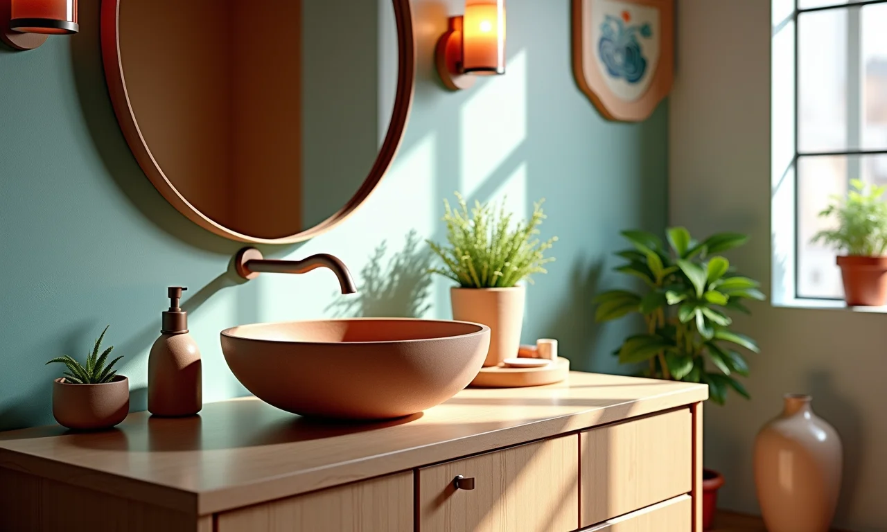 Cuba de apoio sobre a bancada do banheiro, mostrando o design e a altura.