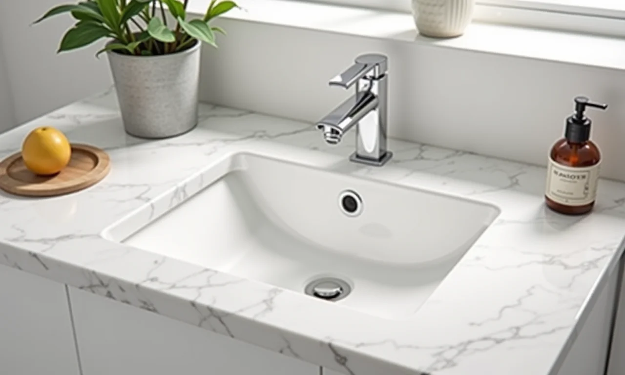 Cuba de embutir discreta em bancada de mármore.