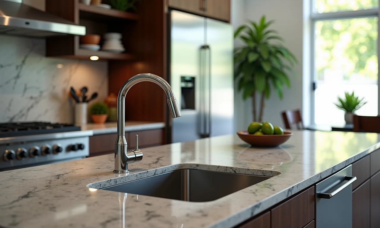 Cuba de inox Mekal integrada em uma bancada de granito.