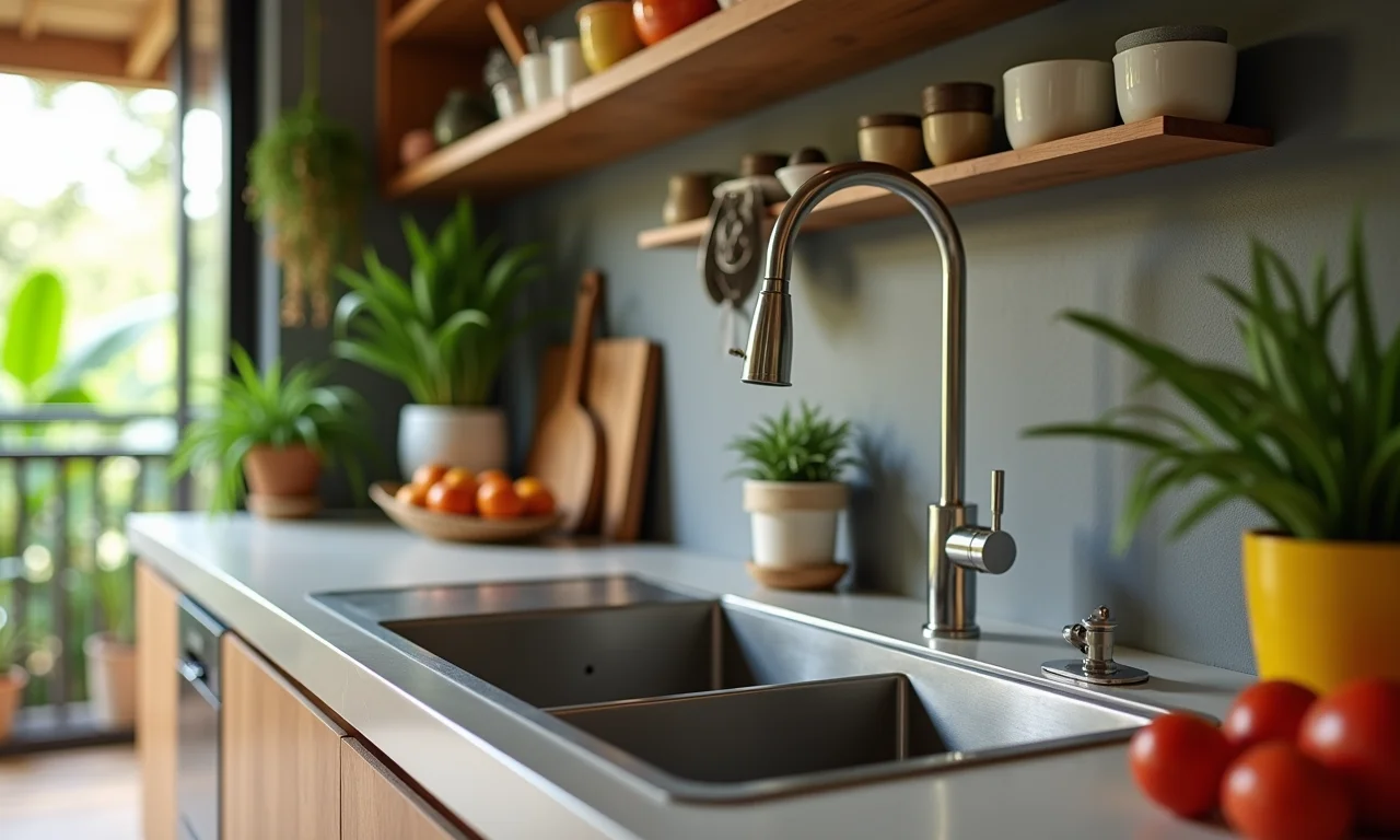 Cuba de inox polida como destaque no design de uma cozinha brasileira moderna.