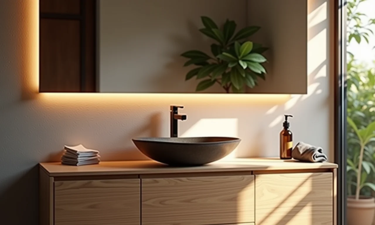 Cuba de sobrepor versátil em banheiro com detalhes em madeira.