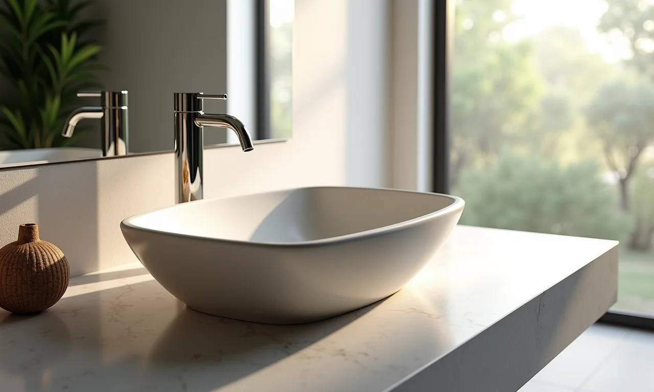 Cuba esculpida com formatos geométricos em banheiro contemporâneo.