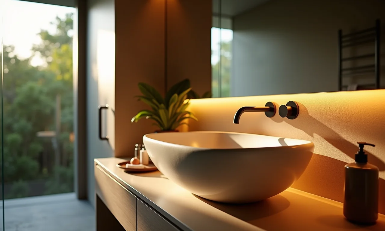 Cuba esculpida com iluminação embutida em banheiro moderno.