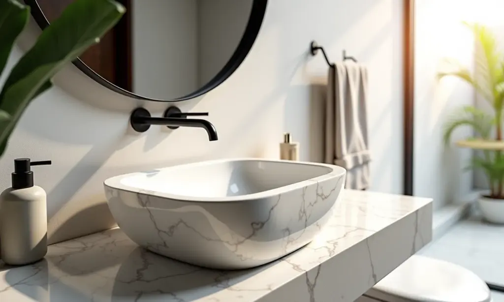 Cuba esculpida de mármore branco em banheiro moderno e elegante.