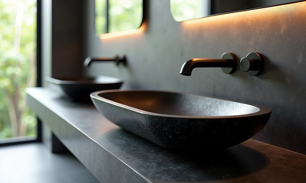 Cuba esculpida em granito preto São Gabriel em banheiro moderno.