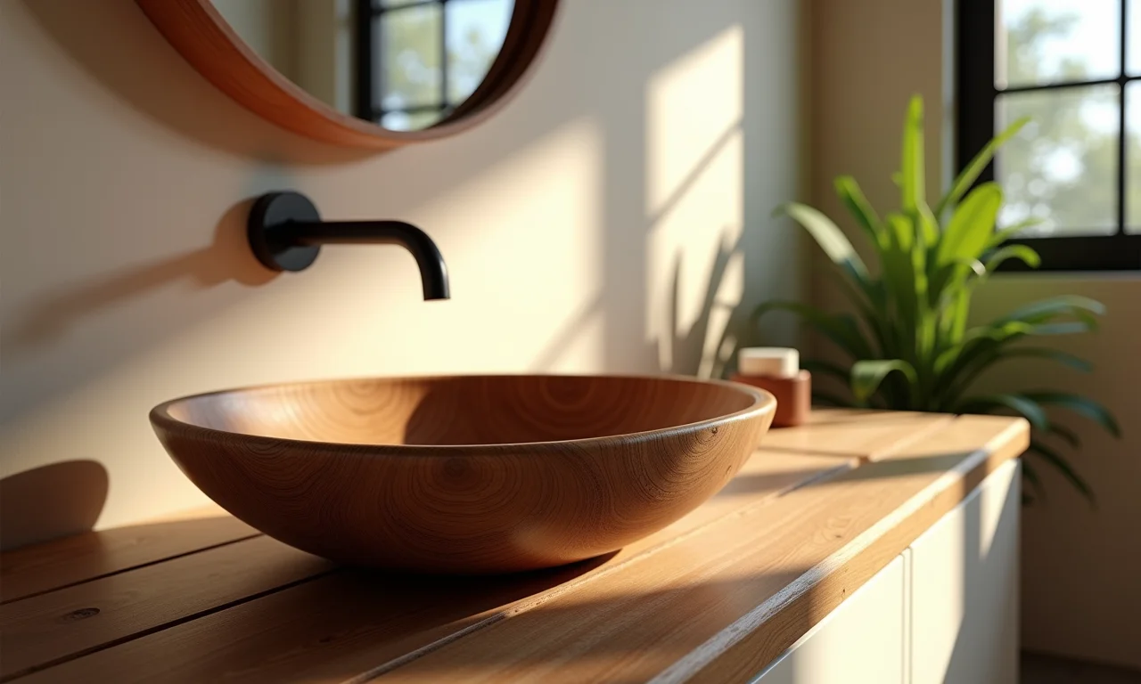 Cuba esculpida em porcelanato com textura de madeira em banheiro aconchegante.